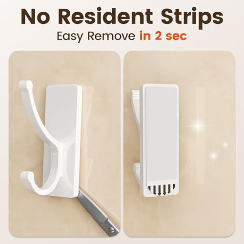 pickpiff Adhesive Wall Hooks with Strip - No Residue, Easy to Remove, Strong Heavy Duty Sticky Towel Hook, 4 Pack White