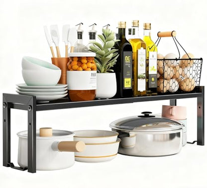 Expandable Cabinet Shelf Organizer 16-26" L Stackable Kitchen Counter Shelf Rack Sink Riser Countertop Storage Black (Normal 7.9”D)