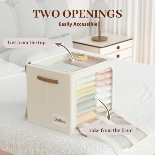 Clothes Storage Bins with Metal Frame, 4-Pack foldable storage bins with Lid, Closet Organizer for Sweaters, Blankets, and Winter Clothes,40L