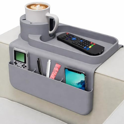 Silicone Couch Caddy Cup Holder Tray, 3-Side Sofa Armrest Organizer with Secure Gear-Shaped Locking Holder & Large Tablet Slot, Non-Slip Weighted Armchair Caddy, Couch Accessories (Grey)