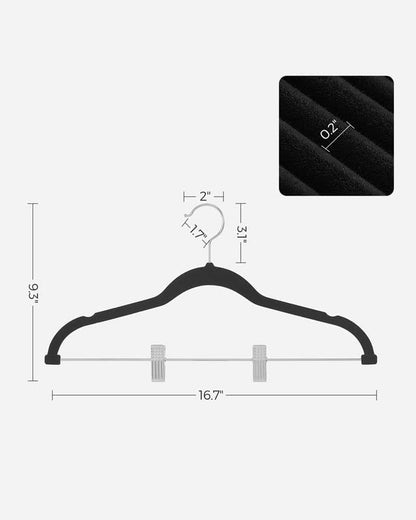 SONGMICS 30 Pack Pants Hangers, 16.7 Inches Long Velvet Trousers Hangers with Adjustable Clips, Heavy-Duty, Non-Slip, Space-Saving for Pants, Skirts, Coats, Dresses, Tank Tops, Black UCRF12B30