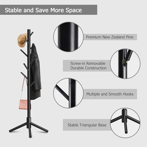 8-Hook Freestanding Coat Rack 3 Adjustable Heights Sturdy Black | Easy Tool-Free Setup,Ideal for Entryway Bedroom Hallway Office,Holds Clothes Hats Handbags,Space-Saving Vertical Design