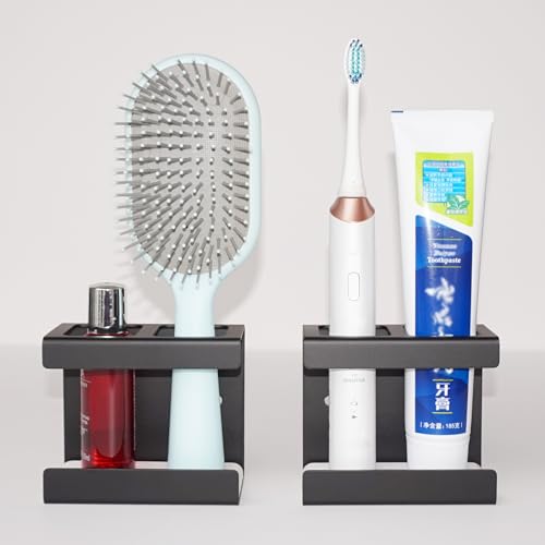 Set of 2 Electric Toothbrush Holder Wall Mounted, 18/8 Stainless Steel Toothbrush Stand with Diatomite Dish, 3M Self Adhesive Toothbrush Storage Rack for Bathroom (Black)