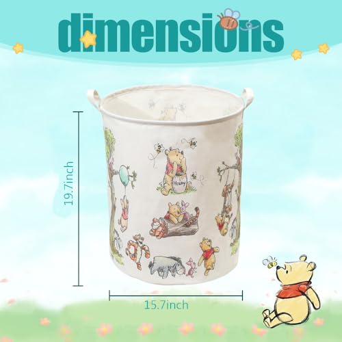Oval Cute Bear Nursery Storage Basket With A Waterproof PE Coating, Foldable Large Canvas Laundry Hamper, Barrel Shaped Decorative Storage Baskets Suitable For Bathroom and Bedroom (White)