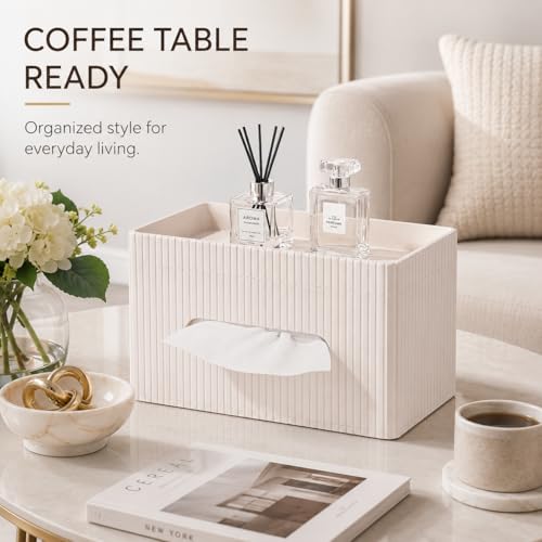 Ribbed PU Leather Tissue Box Cover with Storage Tray, Rectangular Facial Tissue Holder for Bathroom Vanity, Nightstand & Office Desk, Modern Decorative Tissue Dispenser (Ivory White)