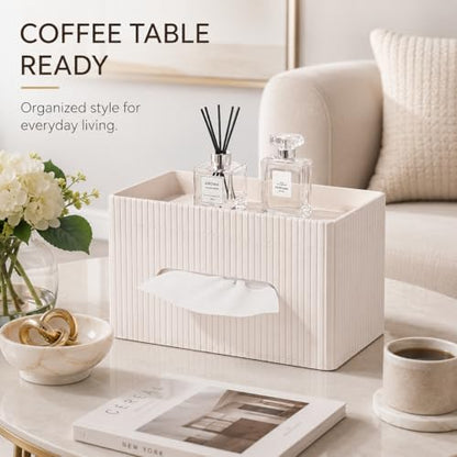 Ribbed PU Leather Tissue Box Cover with Storage Tray, Rectangular Facial Tissue Holder for Bathroom Vanity, Nightstand & Office Desk, Modern Decorative Tissue Dispenser (Ivory White)