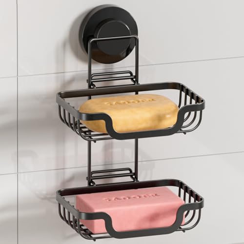 Bar Soap Holder with Hooks, Suction Cup Soap Dish Stainless Steel | 2 Layer Soap Holder Shower Wall Mounted, Soap and Razor Holder for Shower, Rustproof for Bathroom, Sponge Holder Saver
