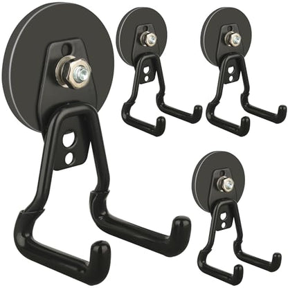 ULIBERMAGNET Upgraded Large Magnetic Hooks,Strong Heavy Duty Magnet Hooks for Power Drill,Broom,Garden Tools,Pegboard,Garage,Workshop,Hardware, 4 Pack Magnet Storage Holder for Hanging(Black)