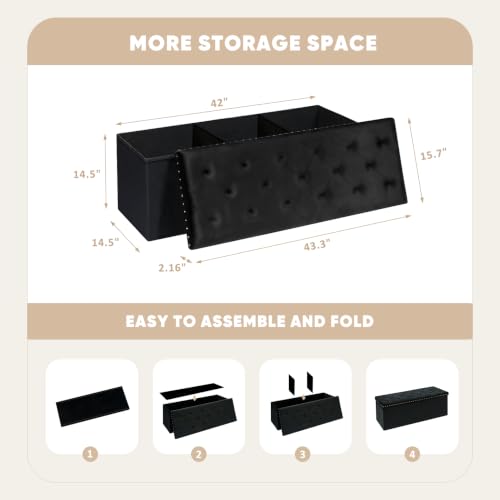 Black Storage Ottoman Bench for Bedroom, Folding Velvet Chest with Benches Foot Rest Stool, Large Long Shoes Chest for Bedroom, Living Room, 43.3"x15.7"x15.7"