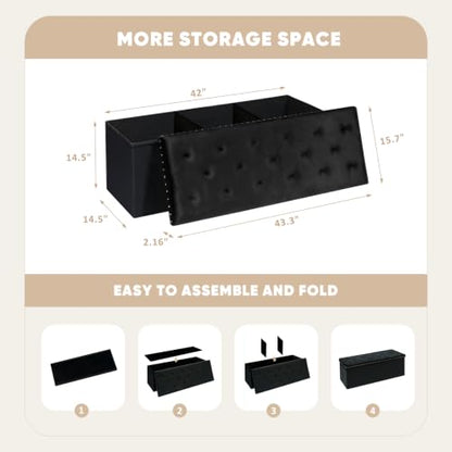 Black Storage Ottoman Bench for Bedroom, Folding Velvet Chest with Benches Foot Rest Stool, Large Long Shoes Chest for Bedroom, Living Room, 43.3"x15.7"x15.7"