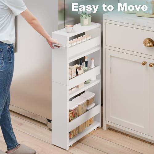 Slim Rolling Storage Cart, 4 Tier Utility Cart with Wheels, White | Laundry Room Organization, 5.5" Wide, Wood Kitchen Cart with Handle, Trolley for Kitchen Bathroom Narrow Place Small Corner