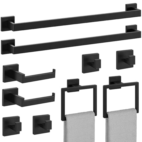 10-Pieces Matte Black Bathroom Accessories, 24 Inch Bathroom Hardware Set | SUS304 Stainless Steel Bath Towel Bar Set, Towel Racks for Bathroom Wall Mounted