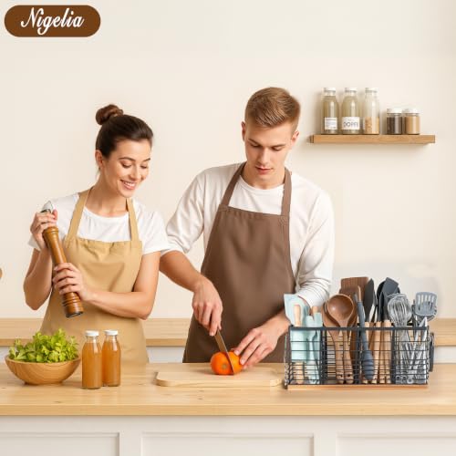 Nigelia 4 Compartments Extra Large Kitchen Utensil Holder with Wooden Base, Metal Organizer for Kitchen Countertop, Matte Black Cooking Utensils Holder with 4 Hooks for Tools Storage