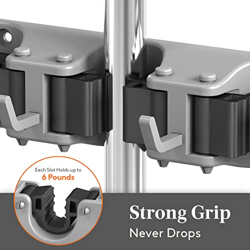 Lifewit Mop and Broom Holder Organzier Wall Hanging Mount, Gray, 1 Pack | Anti-Slip Broom Storage for Cleaning Organizer, Easy Install Tool Hanging Rack with 5 slots & 6 hooks for Kitchen, Garage