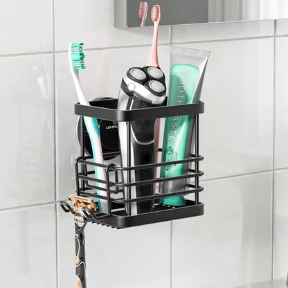 Powerful Suction Cup Stainless Steel Toothbrush Holders, Black | Removable Shower Tooth brush and Toothpaste Holder, Strong Suction Up to 11lbs, Anti-Puddling ,No Drill Bathroom Organizer