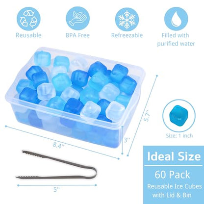 Reusable Ice Cube with Lid & Bin, 60 Pack Plastic Ice Cubes for Drinks BPA Free, Refreezable Square Ice Cubes for Water Bottles, Whiskey, Vodka, Coffee, Cocktails, Beer or Wine