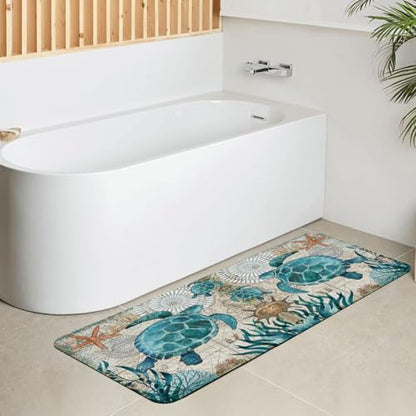 Extra Long Bath Rug, Blue Vintage Sea Turtle Decor Non Slip Bath Runner Rug with Rubber Backing, Thin Absorbent Quick Dry Bath Mats for Bathtub Bathroom Kitchen, 15.7x47.2 inch
