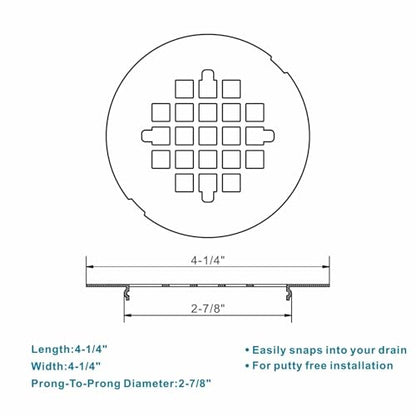 WELSAN 4-1/4" OD Brushed Nickel Shower Drain Cover,Round Shower Floor Drain | Snap-in, Stainless steel, Double-coated, Bath Shower Drain Assembly, Easy to Install, 4-1/4" OD and a pin distance of 2-7/8"