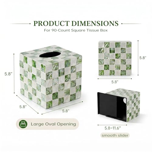 Capiz Tissue Box Cover, Square Decorative Tissue Holder with Bottom Slider, Handmade Checkered Cube Tissue Box Cover for Bathroom Vanity,Office or Bedroom,Green