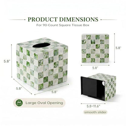 Capiz Tissue Box Cover, Square Decorative Tissue Holder with Bottom Slider, Handmade Checkered Cube Tissue Box Cover for Bathroom Vanity,Office or Bedroom,Green
