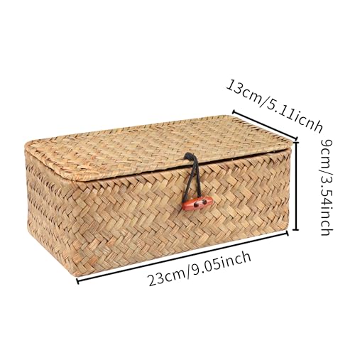 Wicker Shelf Baskets with Lid,Handwoven Seagrass Basket for Storage Basket Bins Rectangular Home Organizer Gift Boxes (Natural Small)