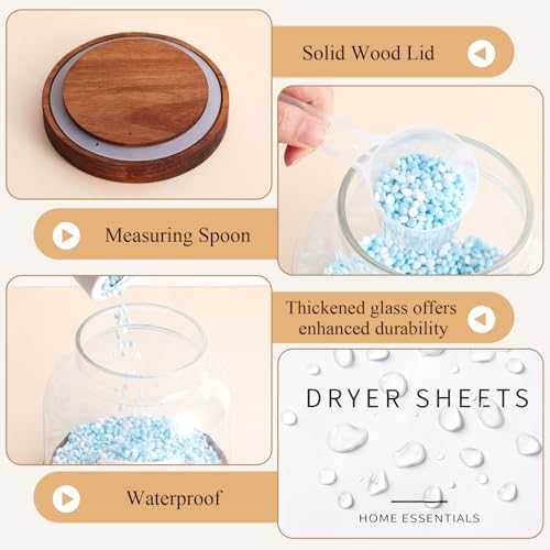 Zhehao 2 Pack Glass Laundry Pods Container with 30 Labels, Scoops, Non Slip Base, Wood Lid, Half Gallon Laundry Detergent Container Powder Containers Canisters Set Laundries Room Organization Jars