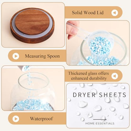 Zhehao 2 Pack Glass Laundry Pods Container with 30 Labels, Scoops, Non Slip Base, Wood Lid, Half Gallon Laundry Detergent Container Powder Containers Canisters Set Laundries Room Organization Jars