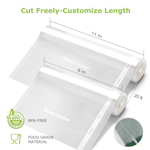 Bonsenkitchen Vacuum Sealer Rolls bags, 3 Rolls 11"x 20'+ 3 Rolls 8"x 20' | 6 Pack, Commercial Grade, Durable, BPA-Free, Custom-Size Vacuum Sealer Bags for Dry/Moist Food Storage and Sous Vide, VB3211