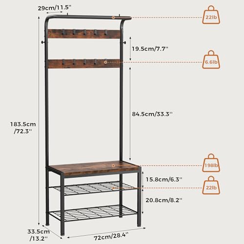 NEWBULIG Coat Rack, Hall Tree with Shoe Bench, 4-in-1 Entryway Organizer with 10 Hooks and Storage Shelf, Rustic Wood Entryway Bench for Mudroom, Living Room, Bedroom, Brown