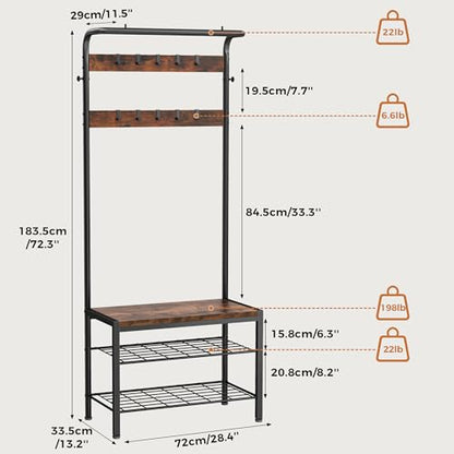 NEWBULIG Coat Rack, Hall Tree with Shoe Bench, 4-in-1 Entryway Organizer with 10 Hooks and Storage Shelf, Rustic Wood Entryway Bench for Mudroom, Living Room, Bedroom, Brown