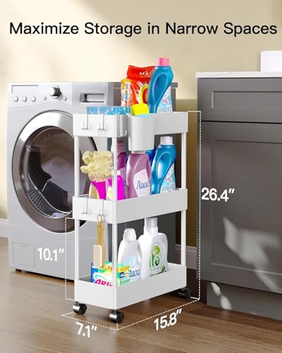 Pipishell Slim Storage Cart with Wheels, Bathroom Cart Organizer Storage Small, Rolling Carts for Bathroom, Laundry Room, Kitchen, Narrow Space, White PIUC04W