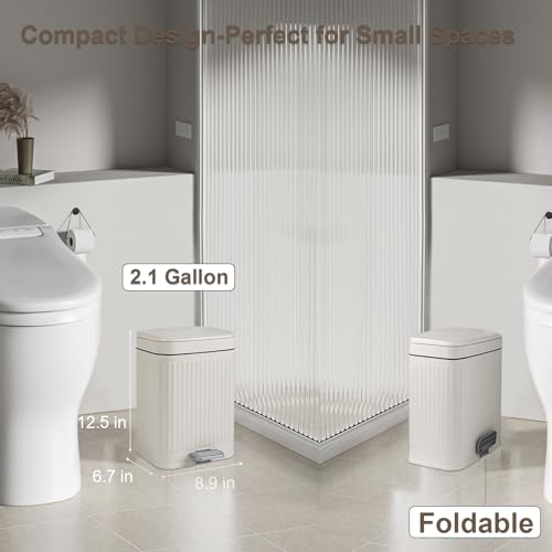 Small Bathroom Trash Can with Lid, 2.1 Gallon Soft Close Step Can, Cream | Slim Garbage Can with Pedal for Office, Bedroom & Kitchen, Narrow Plastic Waste Bin Container for Small Spaces