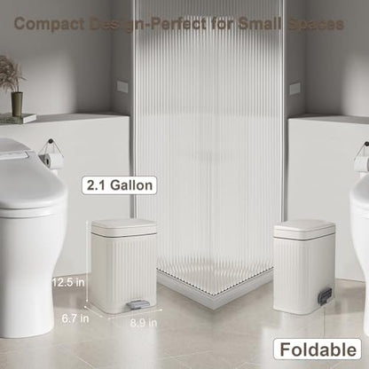 Small Bathroom Trash Can with Lid, 2.1 Gallon Soft Close Step Can, Cream | Slim Garbage Can with Pedal for Office, Bedroom & Kitchen, Narrow Plastic Waste Bin Container for Small Spaces
