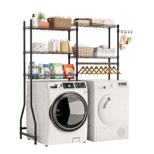 Laundry Organizer Shelves Over the Washer and Dryer Storage Shelf | Heavy Duty Laundry Room Organization Clothes Drying Rack Adjustable Height Wire Shelving and Wire Basket with Hanger Rod
