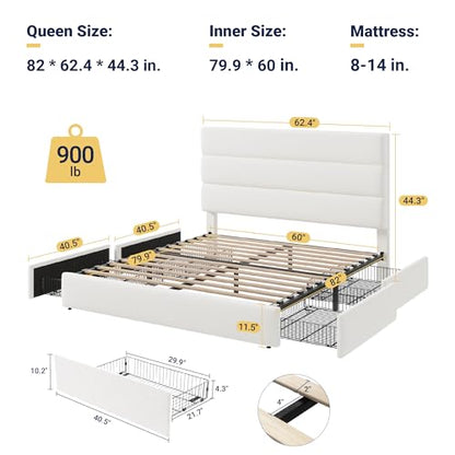 Allewie Modern Queen Size Platform Bed Frame with 4 Storage Drawers | Velvet Upholstered Headboard, Wooden Slats Support, Upholstered Mattress Foundation/No Box Spring Needed/Easy Assembly, White