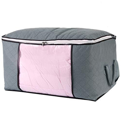 Comforter Storage Bag, Zippered Bag with Large Clear Window and Carry Handles, Space Saver Organizers for Closet, Blanket, Pillow, Quilt, Bedding, Clothes (2Pcs Grey Large)