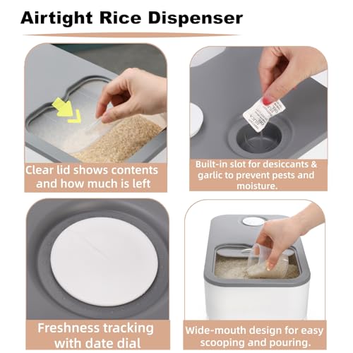 Rice Storage Container, 11 Lbs Plastic Airtight Rice Dispenser with Measuring Cup, Dry Food Storage Bucket Box with Lid, Flour Bin Pet Food Container, Kitchen Organizer for Grain Cereal, White