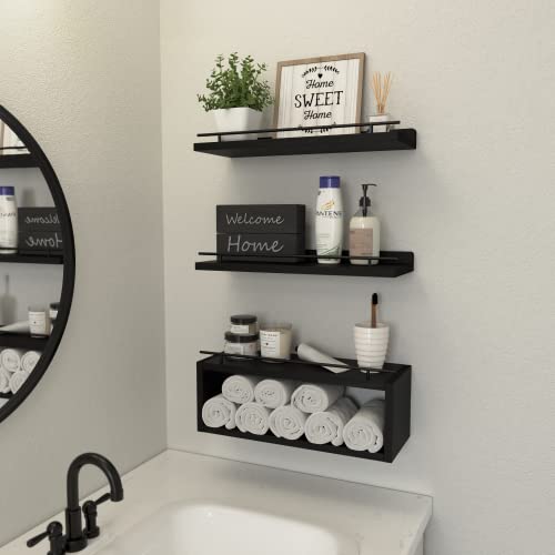 Floating Shelves for Wall with Cube Shelf, Wall Shelves with Metal Rail for Bathroom Decor, Bathroom Organizers and Storage, Over Toilet Shelves for Toilet Paper-Black