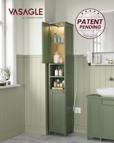 VASAGLE Tall Storage Cabinet with Lights, Slim Freestanding Cabinet with Adjustable Shelves, for Small Spaces, Bathroom, Living Room, Modern, 11.8 Inches Wide, Forest Green UBBC566C01