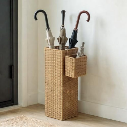 Rattan Umbrella Stand with Drip Tray,Umbrella Holder with Small Basket for Entryway, Tall Wicker Basket for Storage, Woven Organizer for Inoor, Outdoor, Home, Office, Hotel