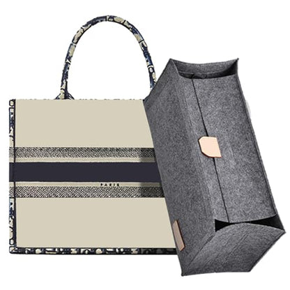 Purse Organizer Insert for LV On The Go MM Dior Medium Book Tote,Gray | Felt Bag Organizer with Cover, 9 Sections, Zipper Pocket, Water Bottle Holder, Handbag Shaper, Keeps Shape, Easy Access
