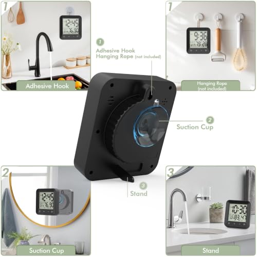 Waterproof Shower Clock, Digital Bathroom Kitchen Wall Clock Timer w/Temp. | w/Calendar, Touch Screen, Suction Cup, Hanging Hole, Battery Operated,Black