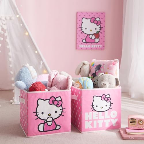 Hello Kitty Set of 2 Storage Cubes with Handles, Durable Foldable Fabric Organizer Bins for Bedroom, Closet, Nursery & Dorm, 10x10x10 Inch Cube Storage Baskets for Toys, Clothes & Shelves