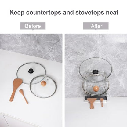 304 Stainless Steel Pot Lid Holder While Cooking, Kitchen Pot Lid Storage Rack for stove top, Multifunctional Kitchen Pot Lid Organizer for Countertop（Silver）