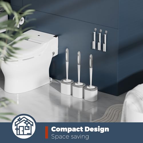 Toilet Brush and Holder Set, Space Saving, 3 Pack, White | Bathroom Accessories, Ergonomic Silicone Handle, Dense Bristles, Deep Cleaning, with 3 Crevice Brushes, Compact Design