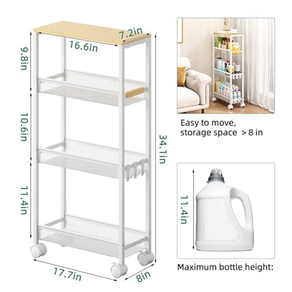 Utility Slim Storage Cart, 4 Tier Rolling Cart with Wheels, Narrow Storage Cabinet for Bathroom, Laundry Shelves for Room Organization, Small Organizer for Kitchen, Office and Dorm (White)