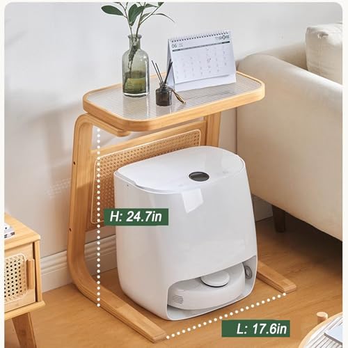 Robot Vacuum Storage Modern 27 Inch Tall Side Tables Cabinet | Bamboo Glass Coffee Table Freestanding Rattan Storage Wood Rack for Home Office and Living Room Bedroom
