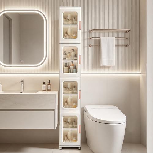 Tall Narrow Storage Cabinet with Movable Wheels, Adjustable Shelves & Magnetic Doors – Foldable Slim Plastic Organizer for Bathroom, Kitchen, Laundry, Ideal for Small Spaces(4-Tier,White)