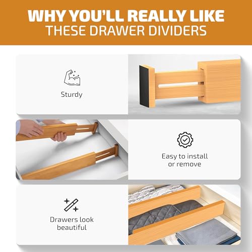 4-Pack Drawer Dividers 2.6-Inch High Dresser Drawer Organizer 16 to 22 Inch | Bamboo, Spring Loaded, No Tools Needed, Fits Wide Drawers for Socks, Clothes, Utensils, Bedroom, Bathroom, Kitchen, Office