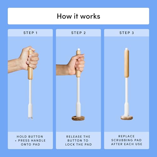 TUSHY Toilet Brush 2.0 Set with Holder, 8 Coconut Husk Scrubbing Pads | Cleanser-Infused and Disposable, Planet Friendly Refills in Lemon and Tea Tree Scents